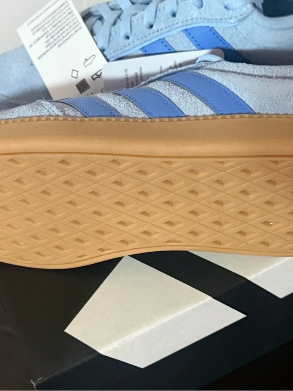 adidas Originals Light Blue Suede Sneakers with Blue Stripes and Gum Sole