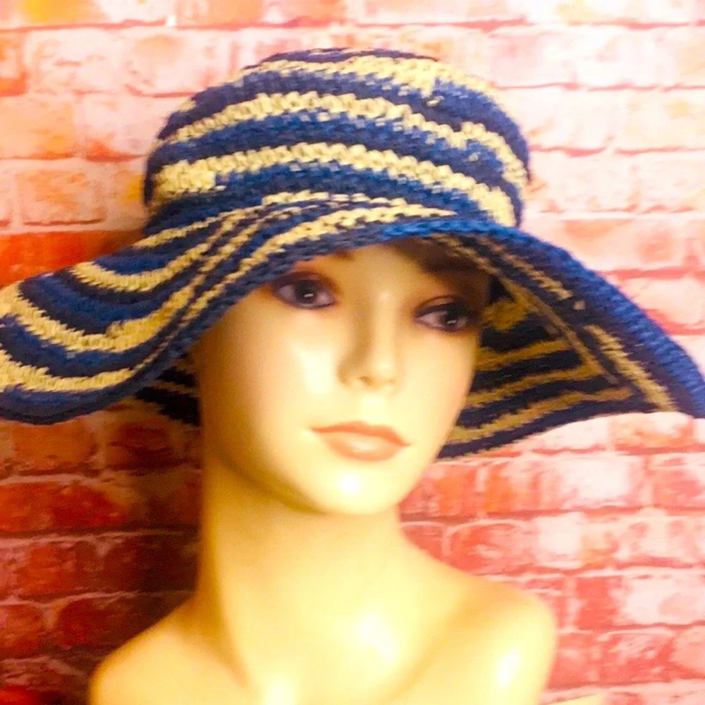 San Diego Hat Company Blue and White Striped Wide Brimmed Woven Retro Beach Hat