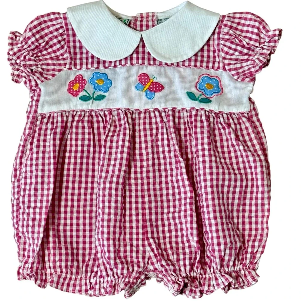 Good Kidz Pink Gingham Bubble Romper Floral‎ Butterfly 3-6M Peter Pan Collar