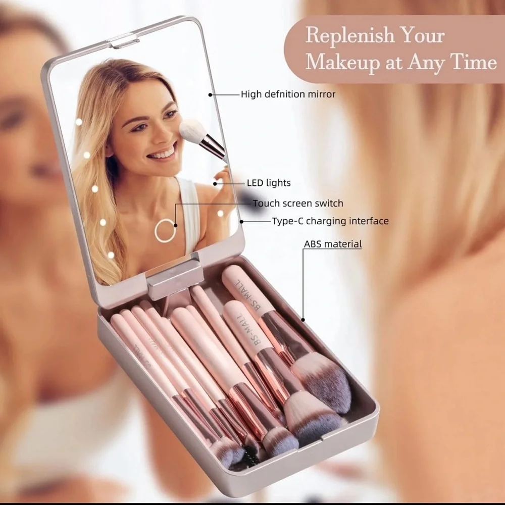 BS-Mall Travel Makeup Brush Set Case with LED Light Mirror