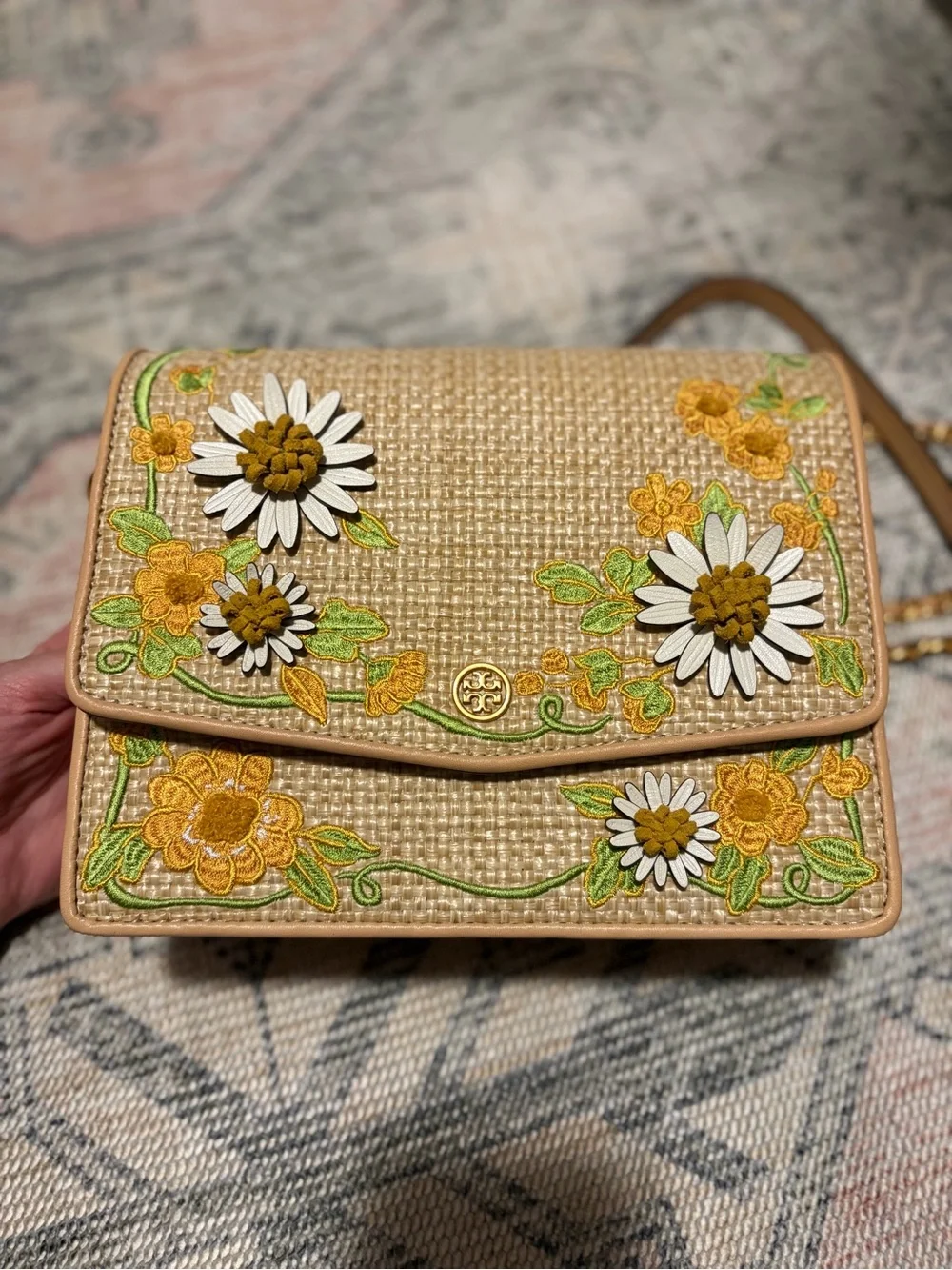 Tory Burch Embroidered Yellow Floral Woven Crossbody Bag