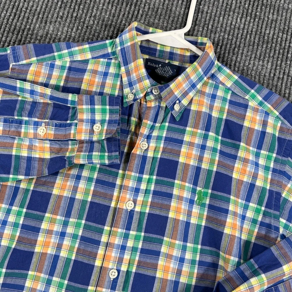 Ralph Lauren Shirt Youth Boys Large Blue Green Plaid Long Sleeve Button Down