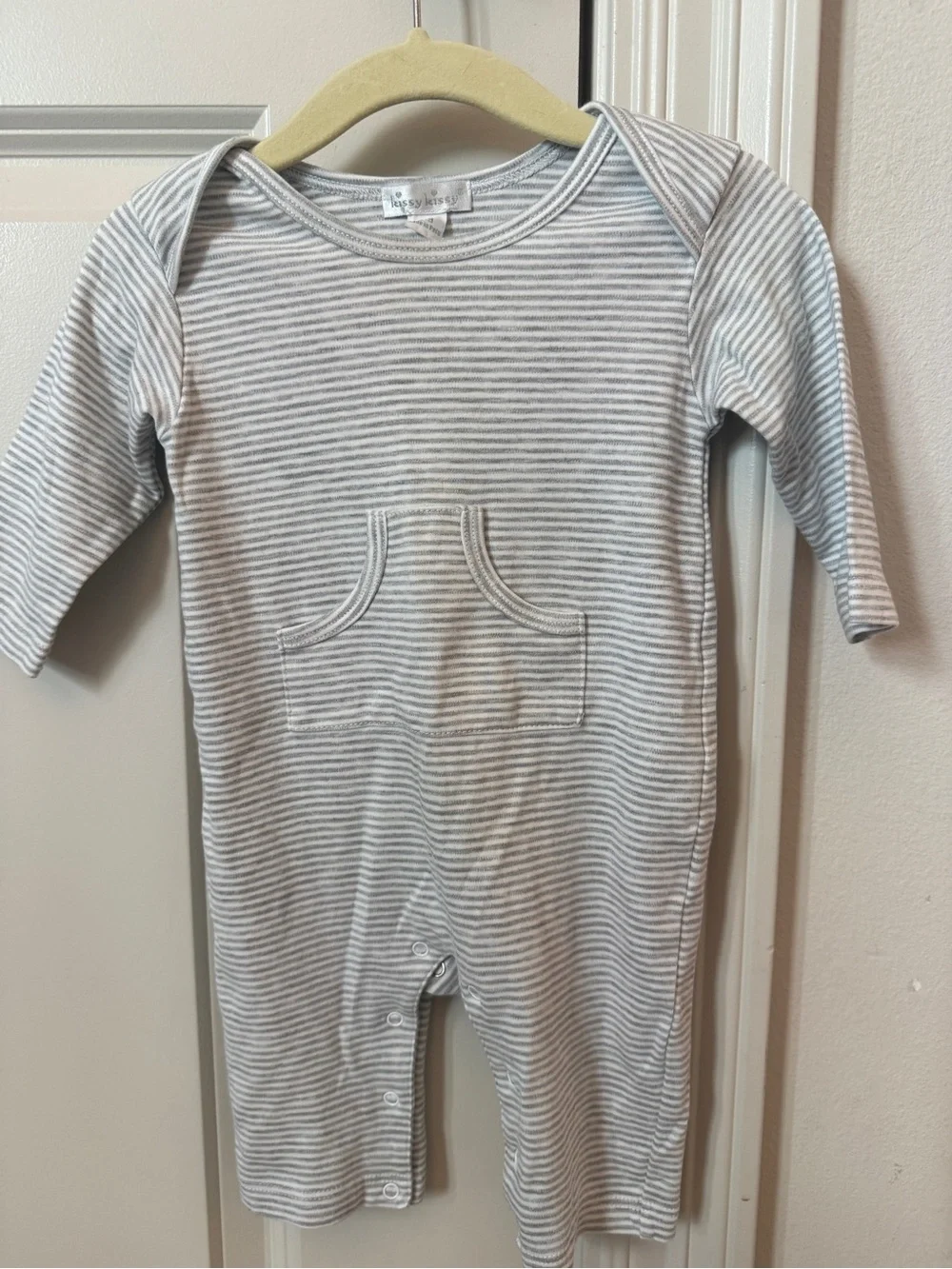Kissy Kissy Essentials Softer Than Soft Gray & White Striped Footie One-Piece