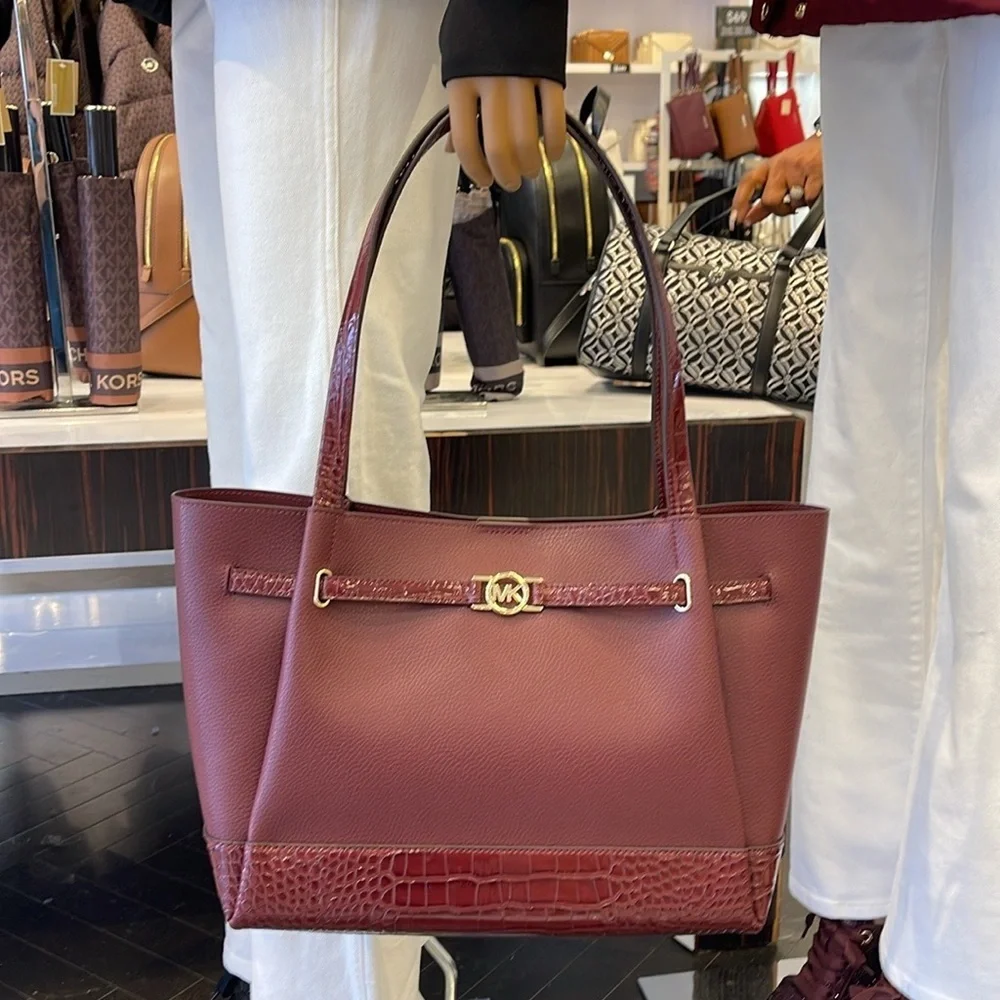 MICHAEL KORS Reed Lg Leather Belted Satchel Shoulder Handbag  Oxblood Crocodile