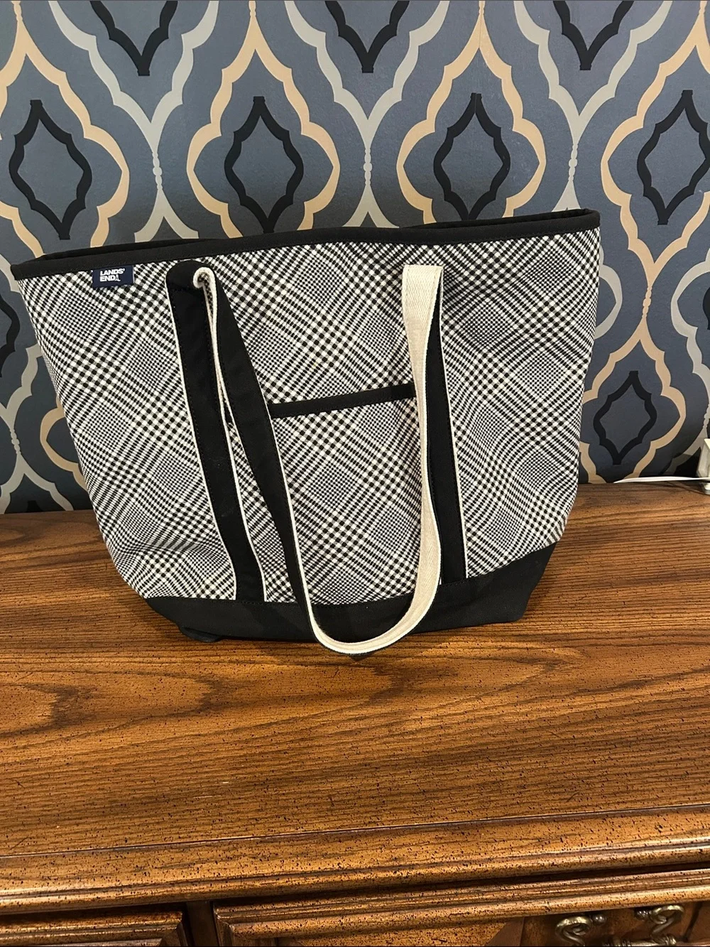 Lands' End Large Black and White Plaid Canvas Tote with long Straps with Zipper