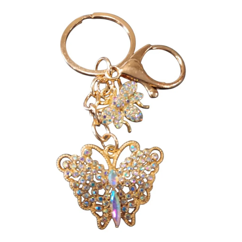Iridescent Rhinestone Butterfly Bumblebee Gold Tone Keychain Purse Charm