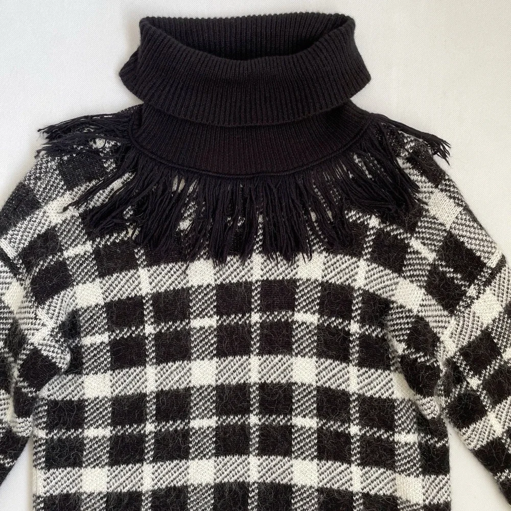 Kate Spade Dark Academia Plaid Checked Mohair Fringe Turtleneck Sweatshirt