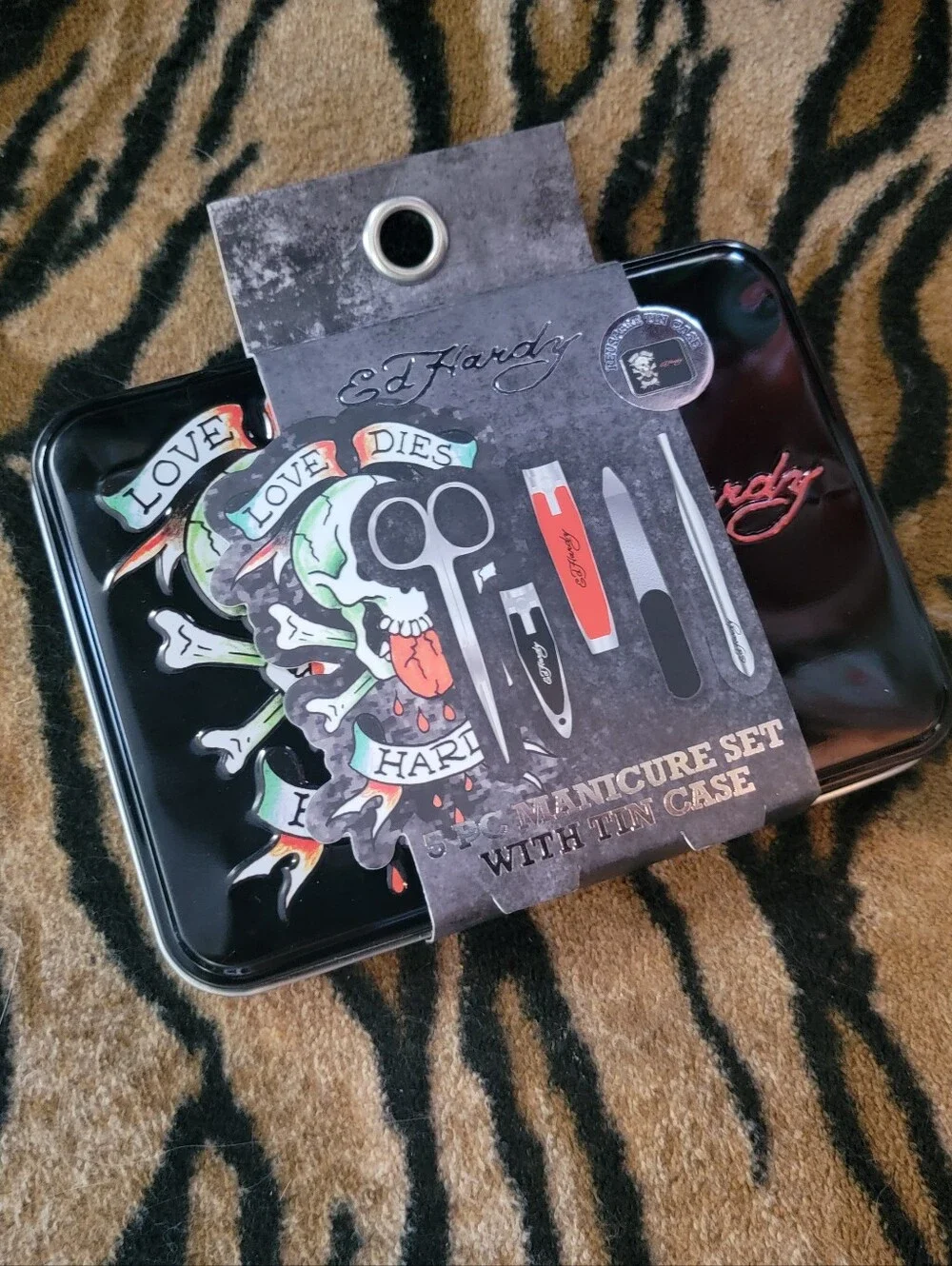 Ed Hardy Black Tin Manicure Set with Multi-Color Skull Artwork