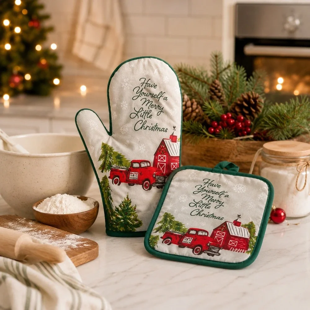 Christmas Oven Mitt Pot Holder Set Red Truck Tree Farm Merry Little Christmas