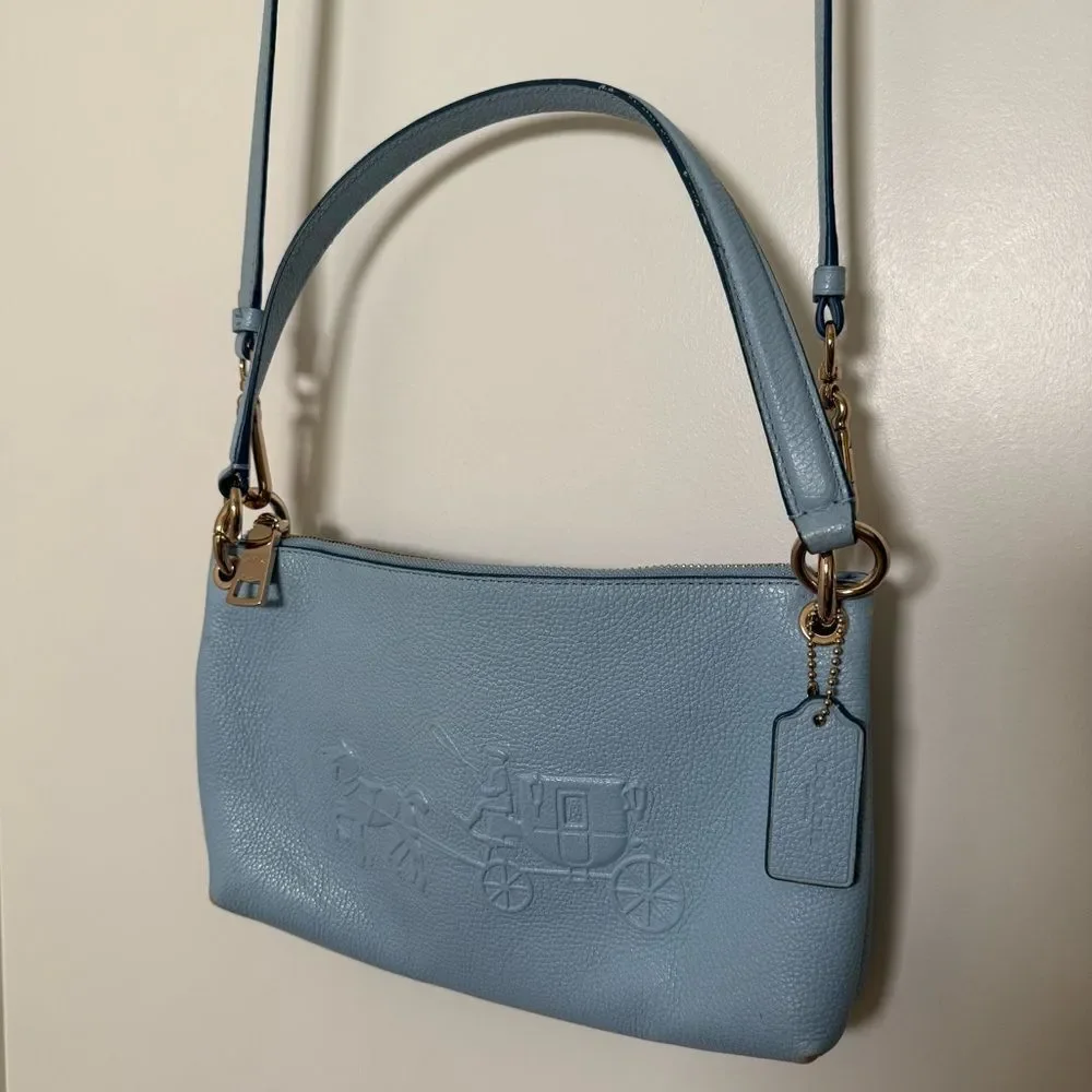 Coach 33521 Charley 2 Way Shoulder Bag Horse Carriage Logo Pebbled Leather Blue