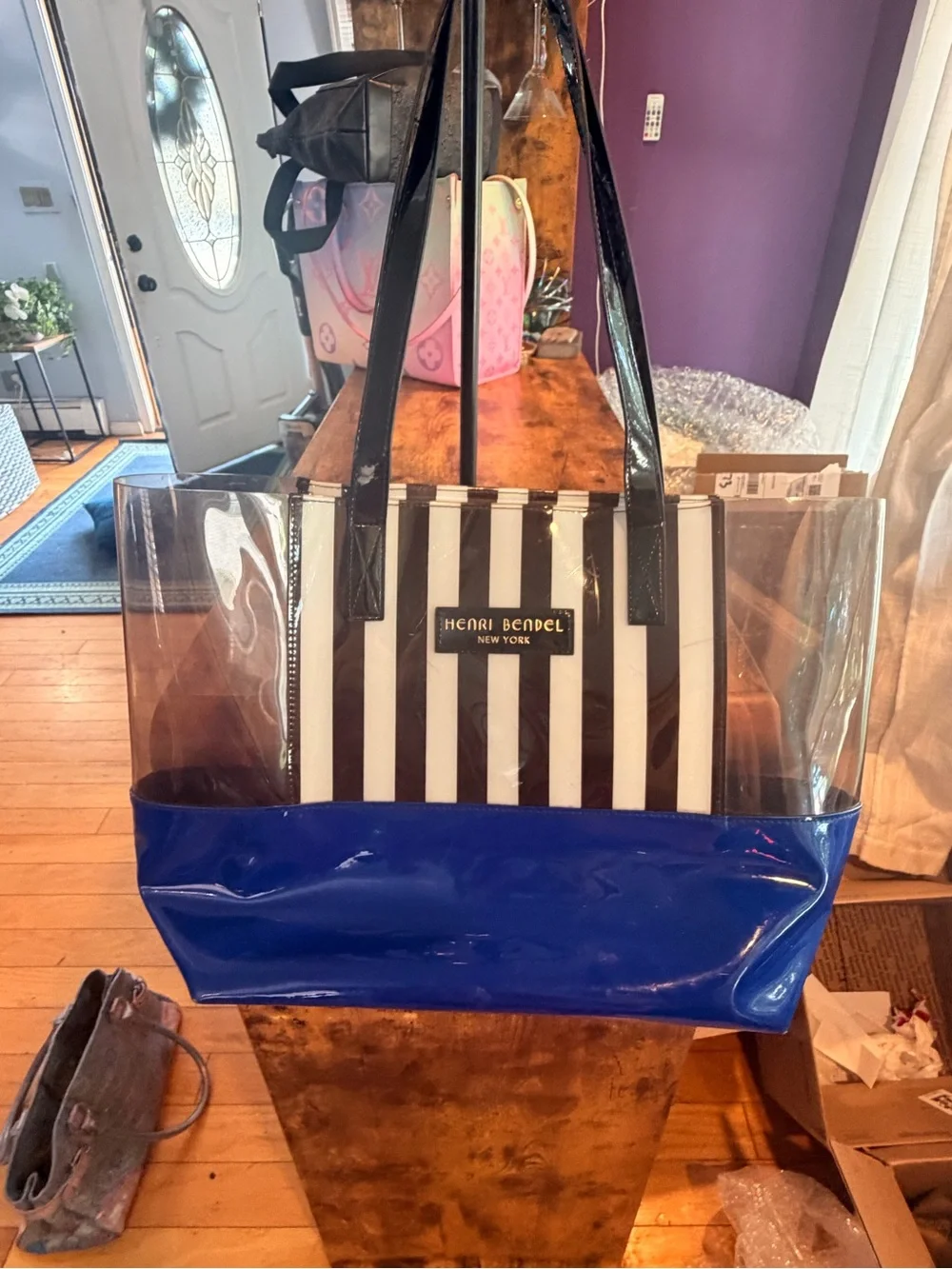 henri bendel Clear Tote with Blue Base and Black Straps