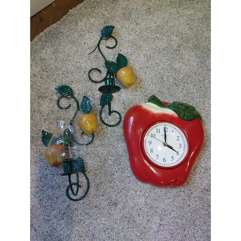 Vintage Apple Shaped Decor Ceramic Wall Clock  Sconces Grannycore Cottage Core