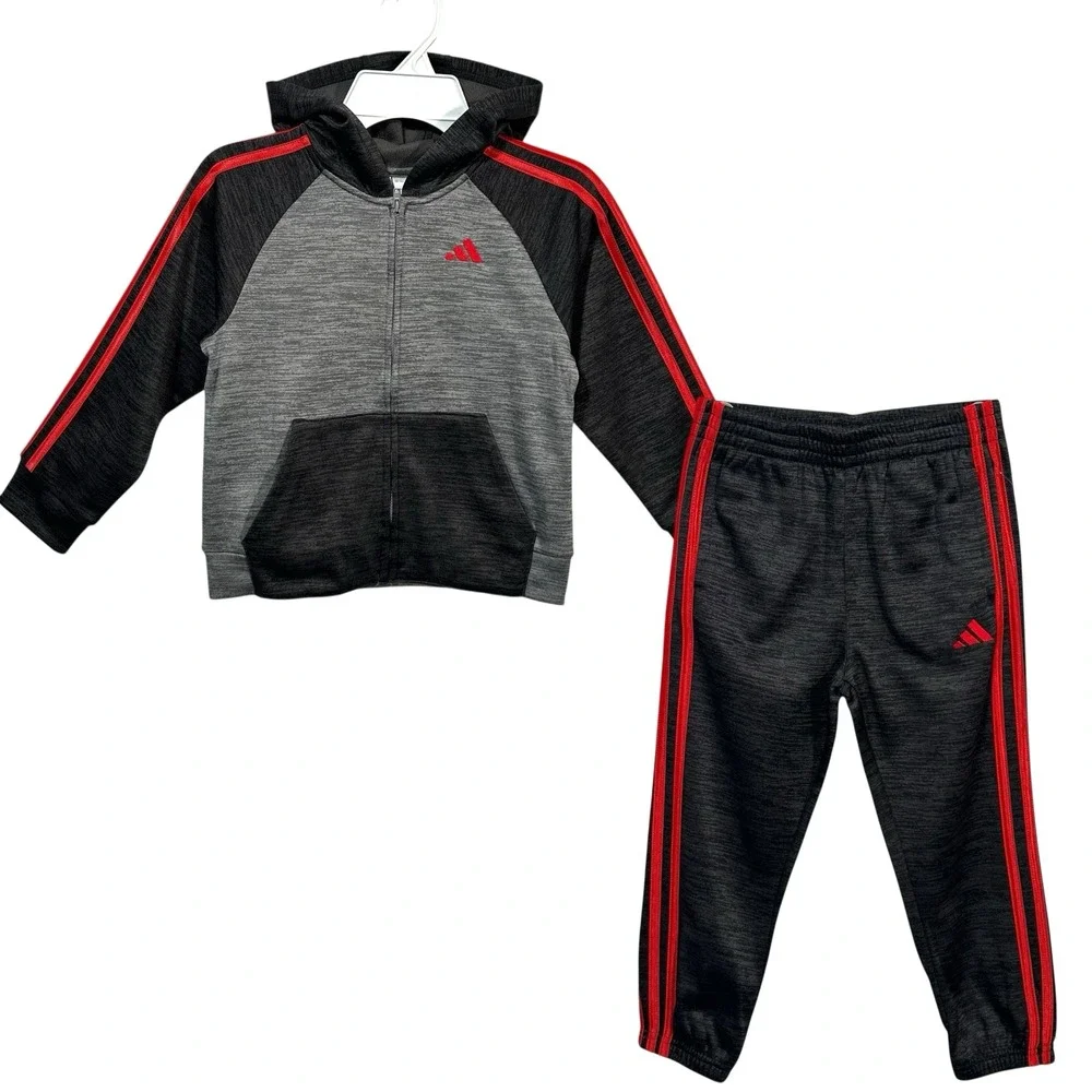 Adidas Toddler Boys Fleece‎ Track Hooded Jacket & Pants Set Size 4T Gray Red