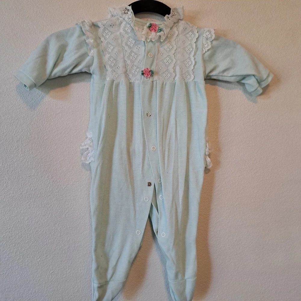 Vintage Trimfit Sleep & Play Mint Green Lace Floral Footie Sleeper USA Large