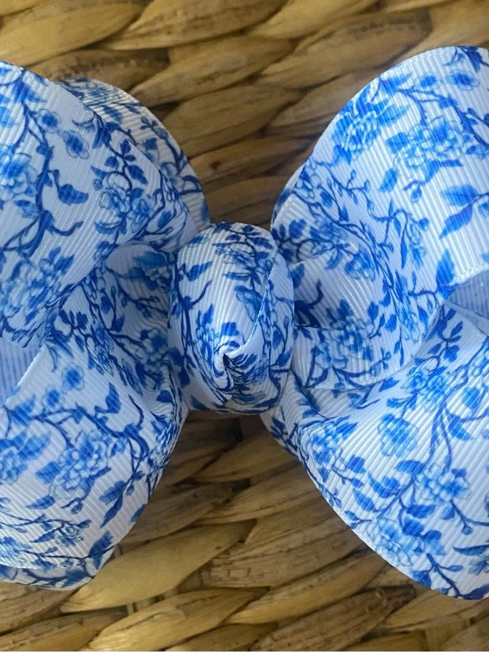 Blue Floral Chinoiserie Grosgrain Hair Bow Large 5 inch Double Stacked