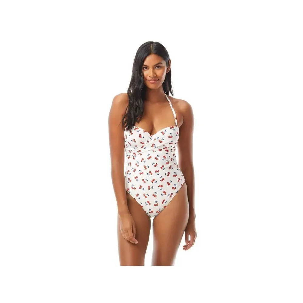 Kate Spade Molded Cup Bandeau Underwire One Piece Swimsuit - Cherry Toss Sz S