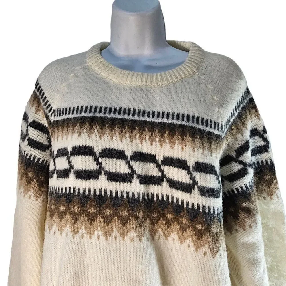 Vintage 80s Sweater Mens Size L Ivory Brown Winter Ski Thick Wool Fair Isle