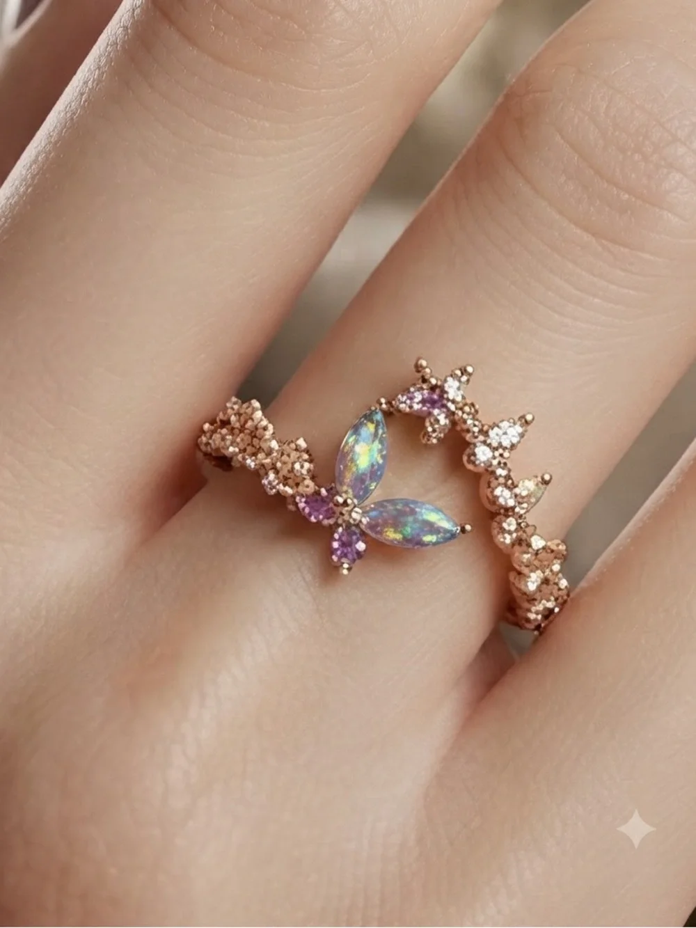 Rose Gold iridescent Opal like Butterfly Ring