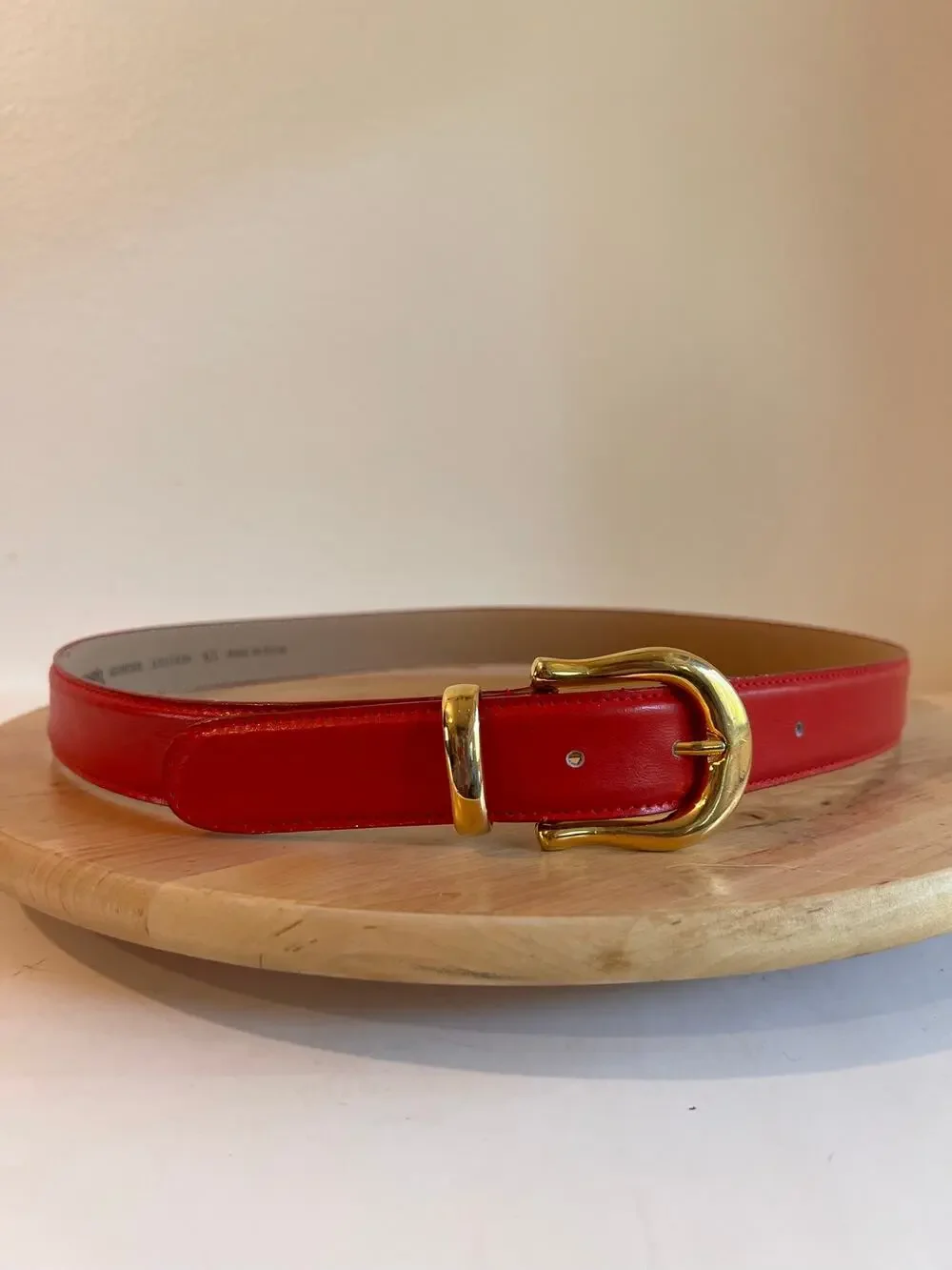 Vintage 90s Capezio Red Genuine Leather Gold Buckle Belt Size Large