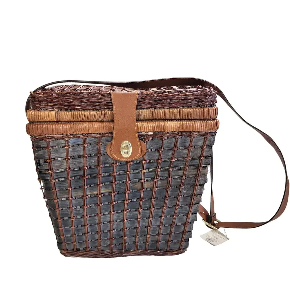 Pier 1 Vintage Wicker Rattan Picnic‎ Basket Service for Two Plaid Lined Utensils