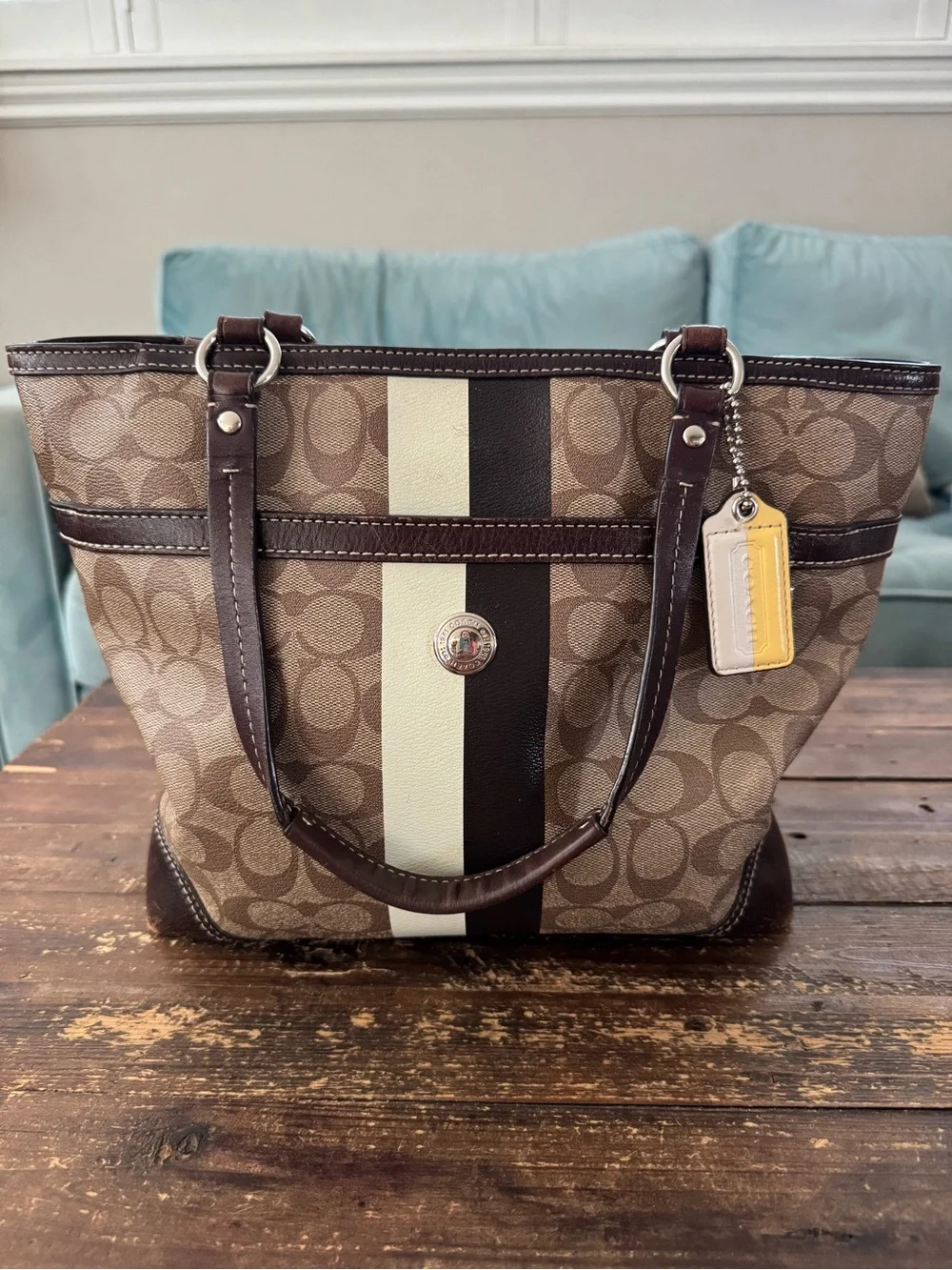 Coach Signature Heritage Stripe Brown, White, & Yellow Tote Bag