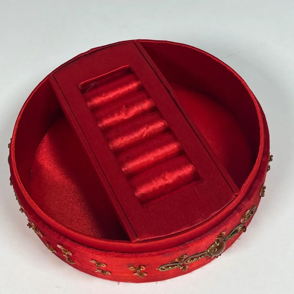 Jewelry Box Red Women Beaded Satin Round Mirror Cross 6.25 in DIA x 2.75 in H