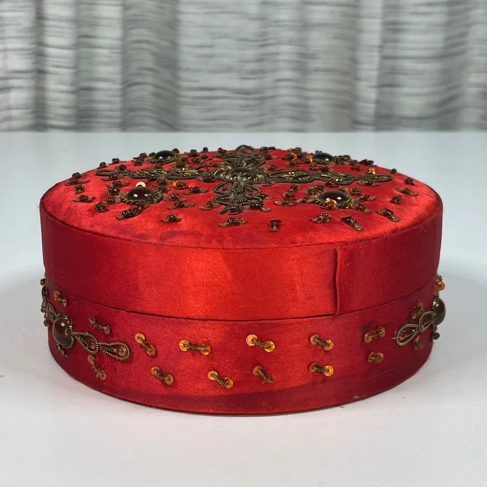 Jewelry Box Red Women Beaded Satin Round Mirror Cross 6.25 in DIA x 2.75 in H