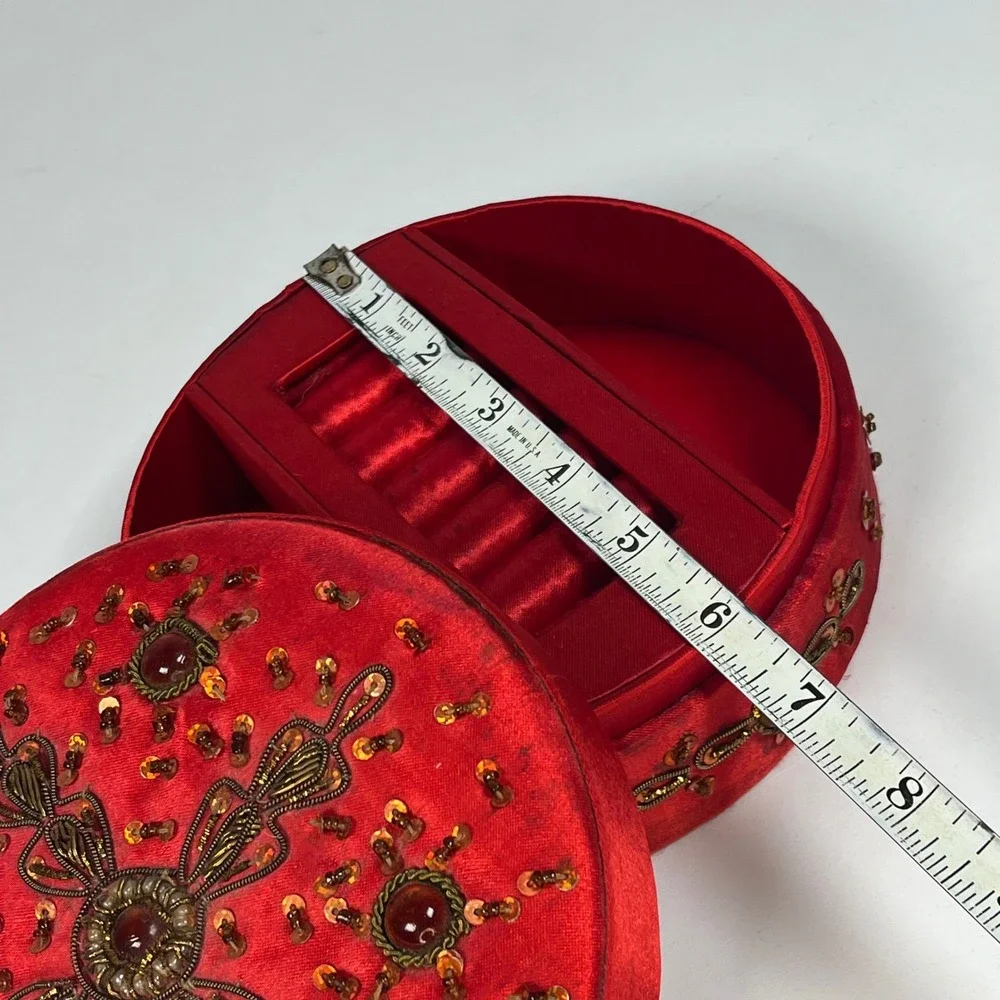 Jewelry Box Red Women Beaded Satin Round Mirror Cross 6.25 in DIA x 2.75 in H