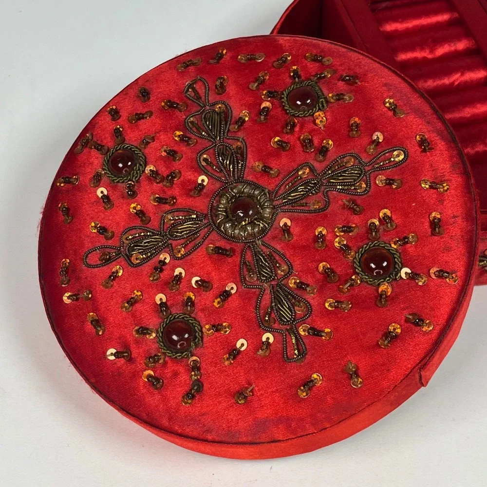 Jewelry Box Red Women Beaded Satin Round Mirror Cross 6.25 in DIA x 2.75 in H