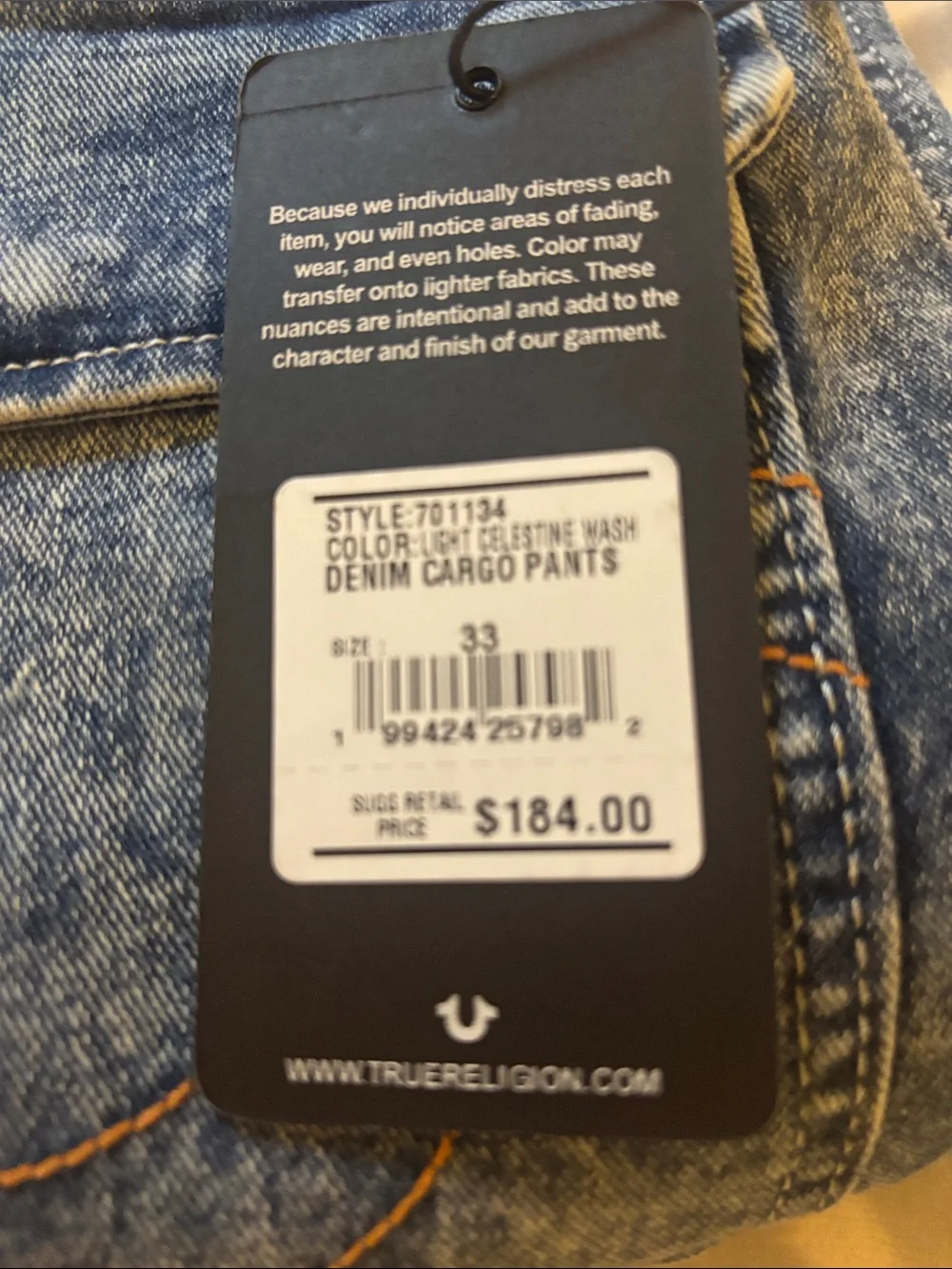 True Religion Men's Acid-Effect Cargo Jeans - Blue