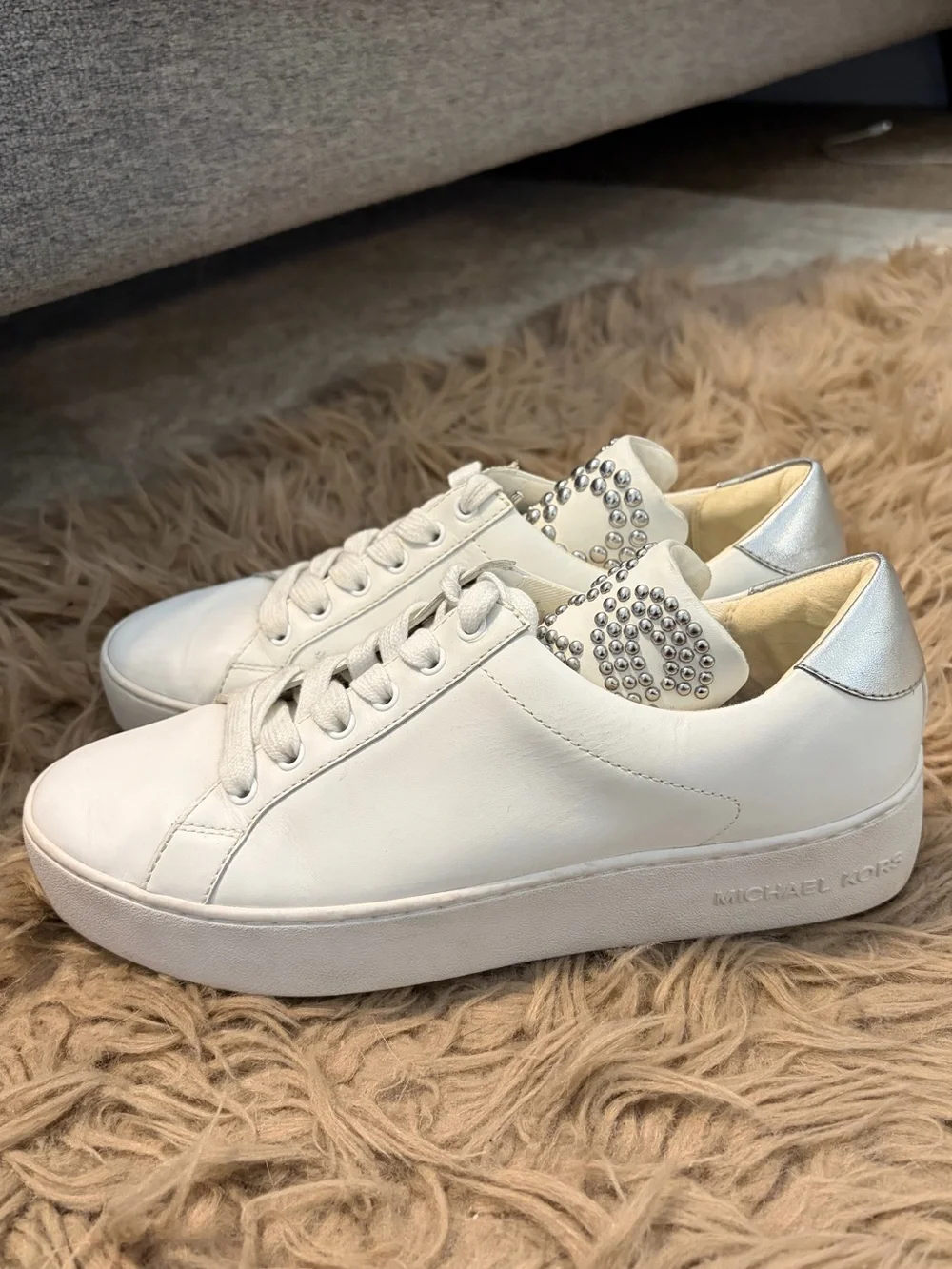 Michael Kors White Leather Sneakers with Silver Stud Accents