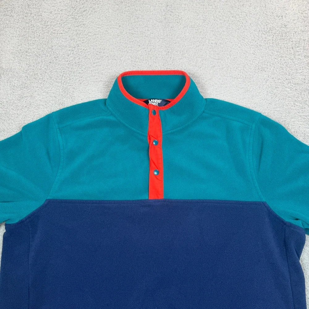 Lands End Mens Large Colorblock Fleece Snap Neck Pullover Teal Navy Orange-Red