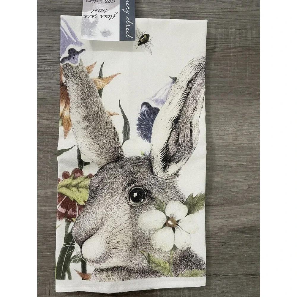 Montgomery Street Rabbit with Flowers Cotton‎ Flour Sack Dish Towel NWT