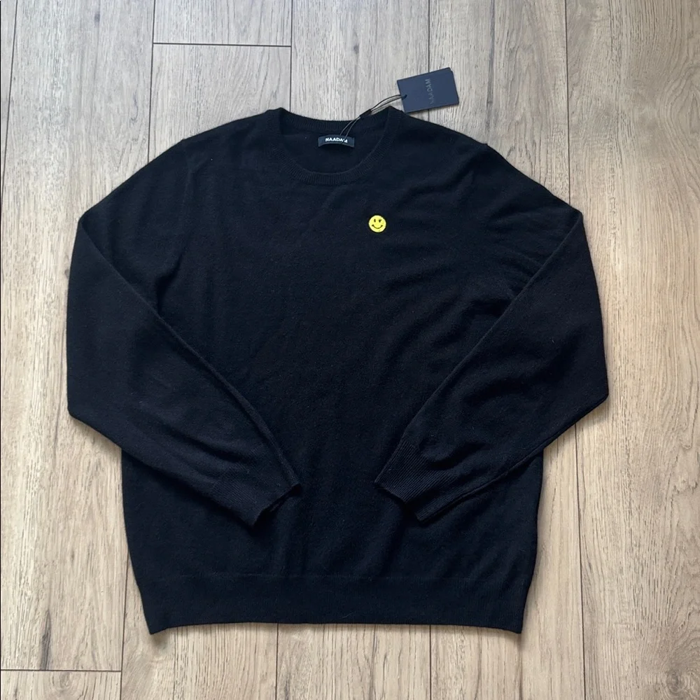 NWT NAADAM Yellow Smiley Face 100% Cashmere Black Crewneck Sweater Men’s 2XL