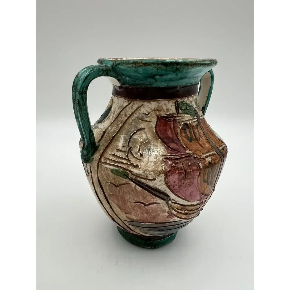 Italian Art Pottery Hand Painted Double Handle Vase 5” Flowers & Boat Signed