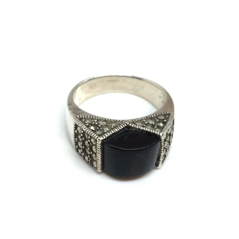 STERLING SILVER RING Black Stone Marcasite Domed Statement Boho Sz 9.25