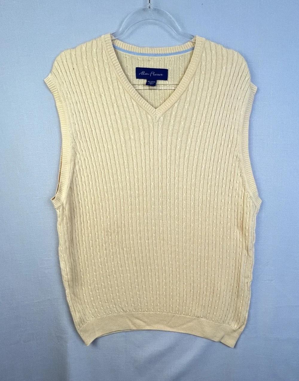 Alan Fluesser V Neck Cable Knit Sweater Vest Men Large Yellow Cotton Preppy Golf