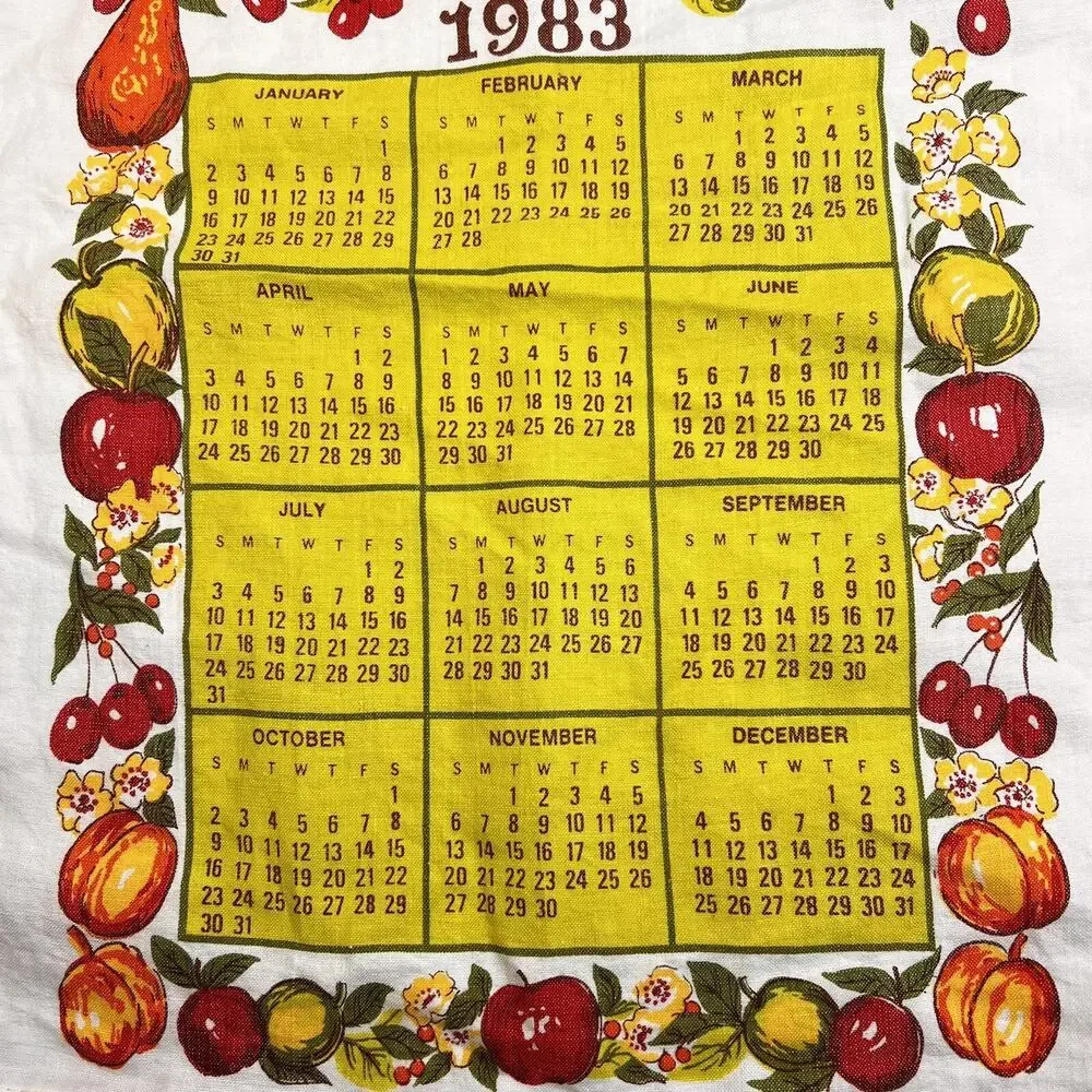 1983 Calendar Tea Towel VIntage Kitchen Red Yellow Fruits Linen Tea Towel