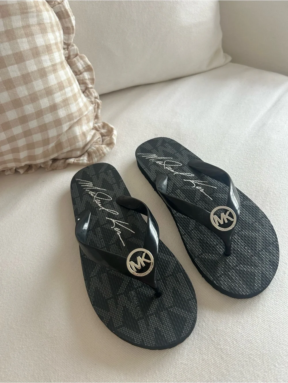 Michael Kors Black Logo MK Medallion Flip Flops