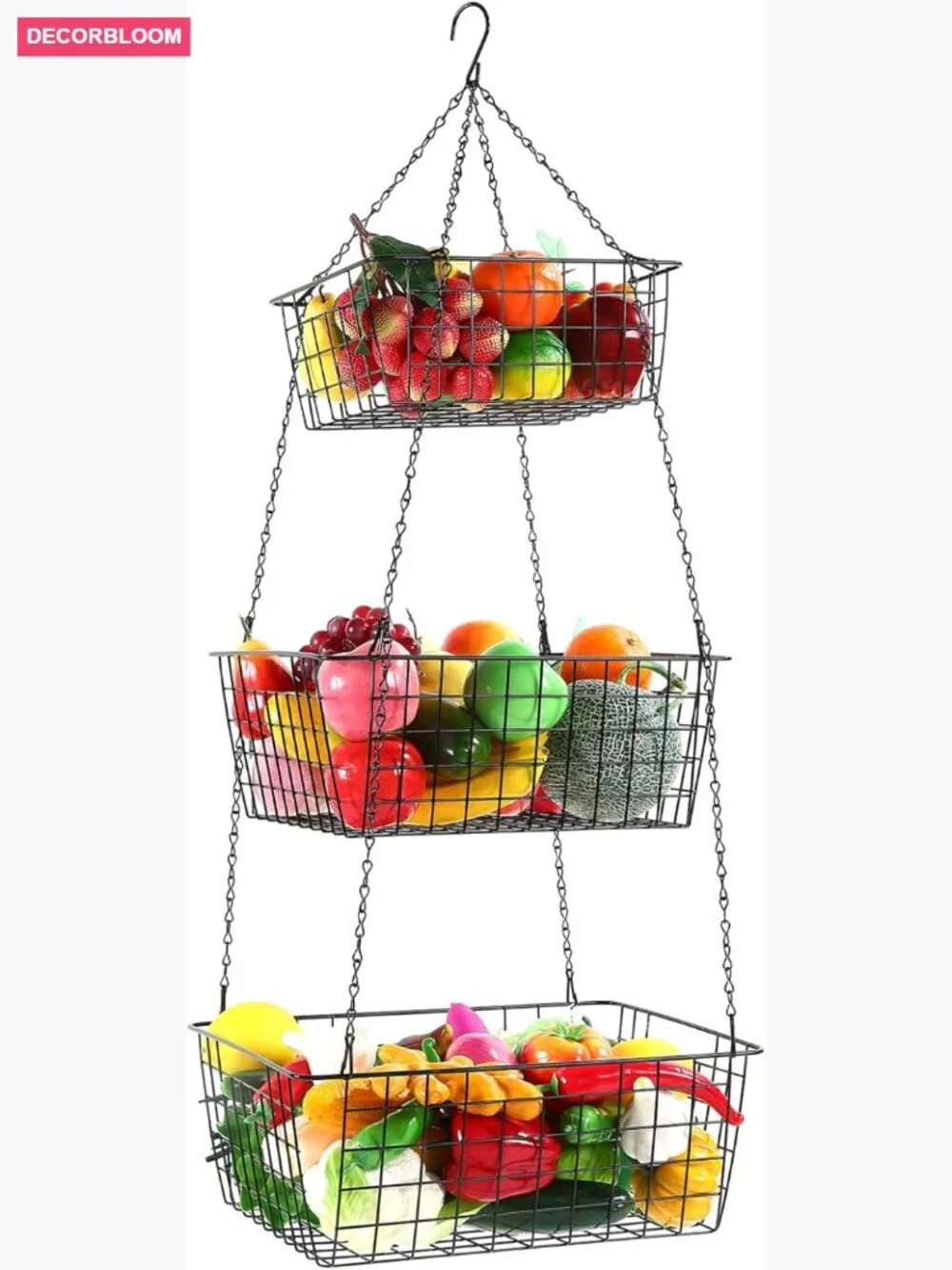3 Tier Hanging Fruit Basket Square 35.4 Inch Heavy Duty Wire Organizer with