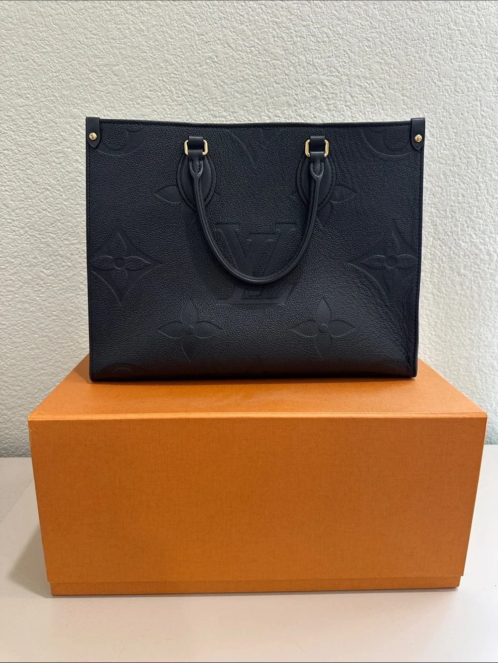 Louis Vuitton Navy Embossed Monogram Tote with Gold Tone Hardware