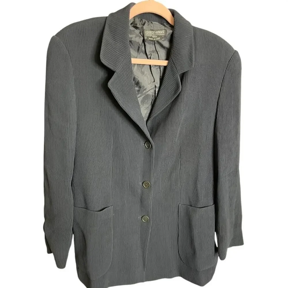 Girogio Armani vintage 90's ribbed blazer button up navy blue wool blend size 46