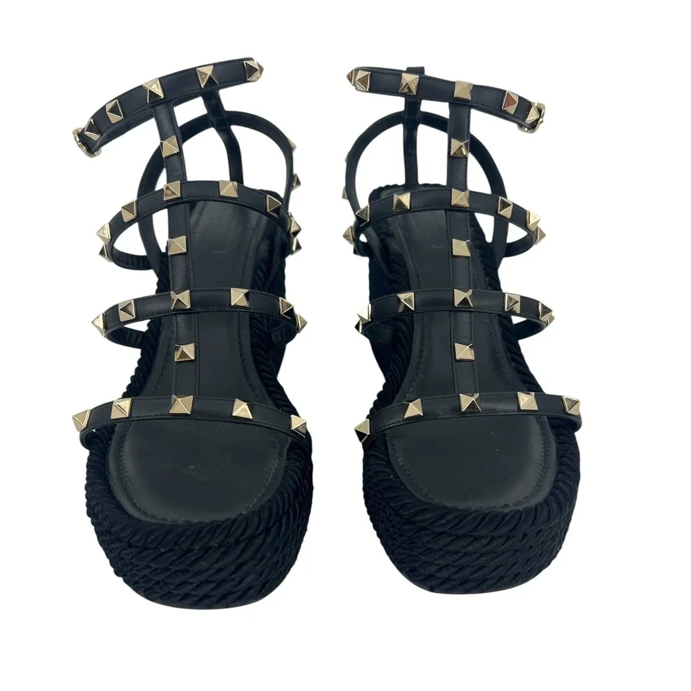 Valentino Garavani Rockstud Calfskin Wedge Sandals Black Size 41