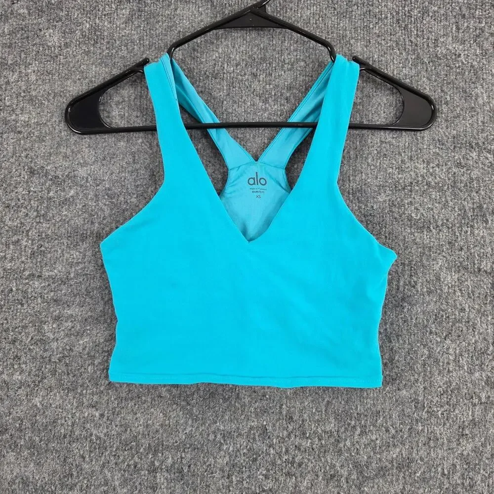 Alo Yoga Sports Bra Womens XS Real Bra Tank Blue Crossback V Neck Longline Yoga