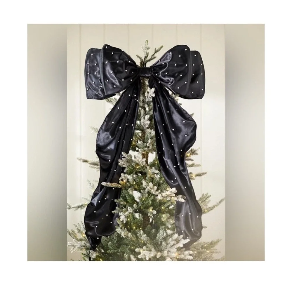 New Anthropologie Pearled Satin‎ Bow Tree Topper Black Christmas