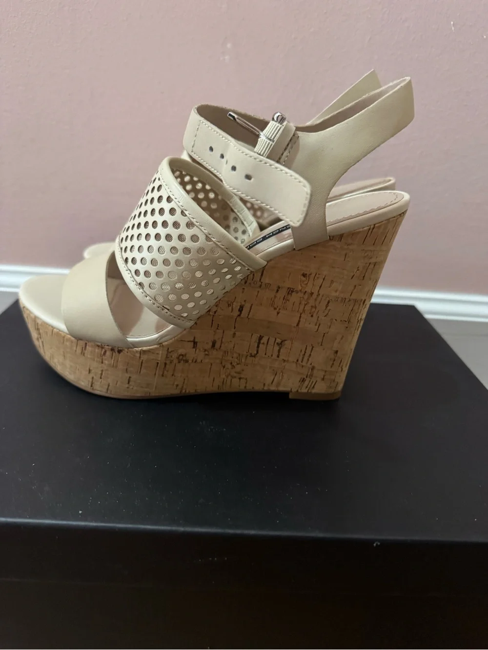 French Connection Cream Perforated Wedge Sandals