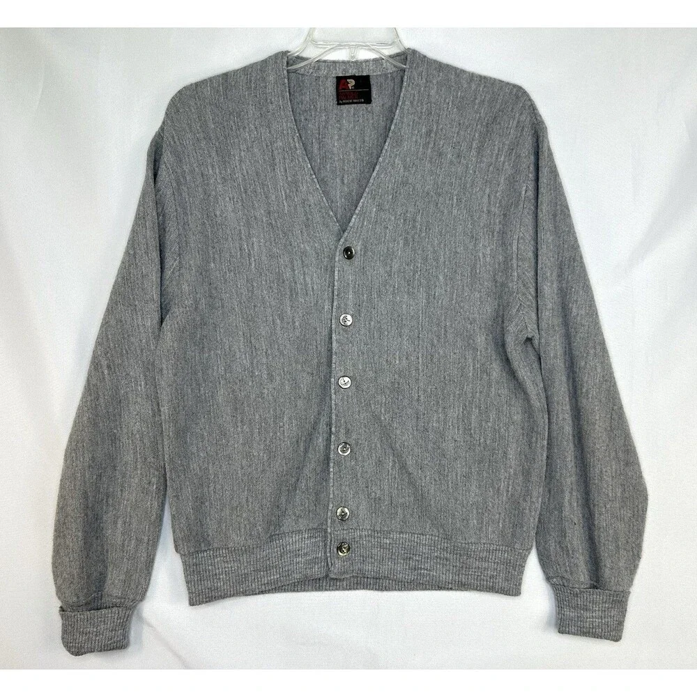 Vtg Arnold Palmer Gray Acrylic Union Made Cardigan Sweater Grandpa Large