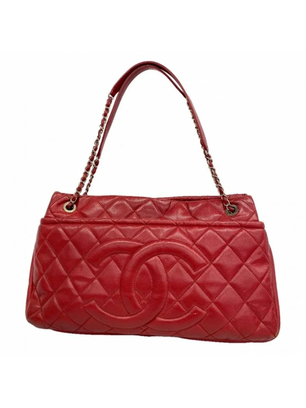 Chanel Chain Tote Quilted Caviar Leather Red Silver