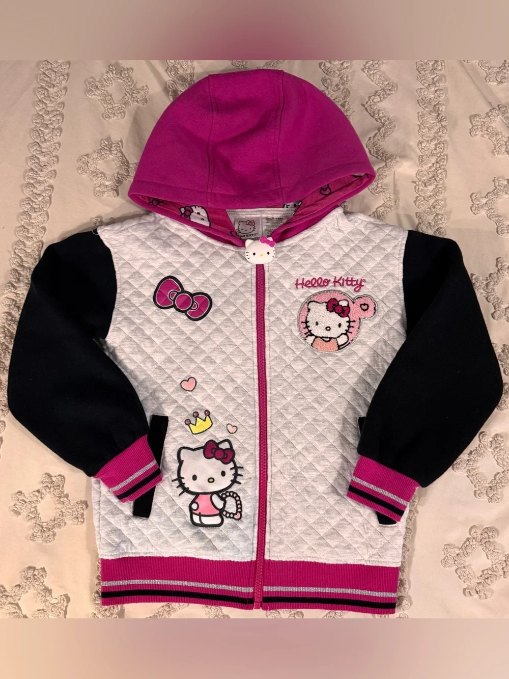 Hello Kitty Pink, White & Black Quilted Hooded Zip Jacket