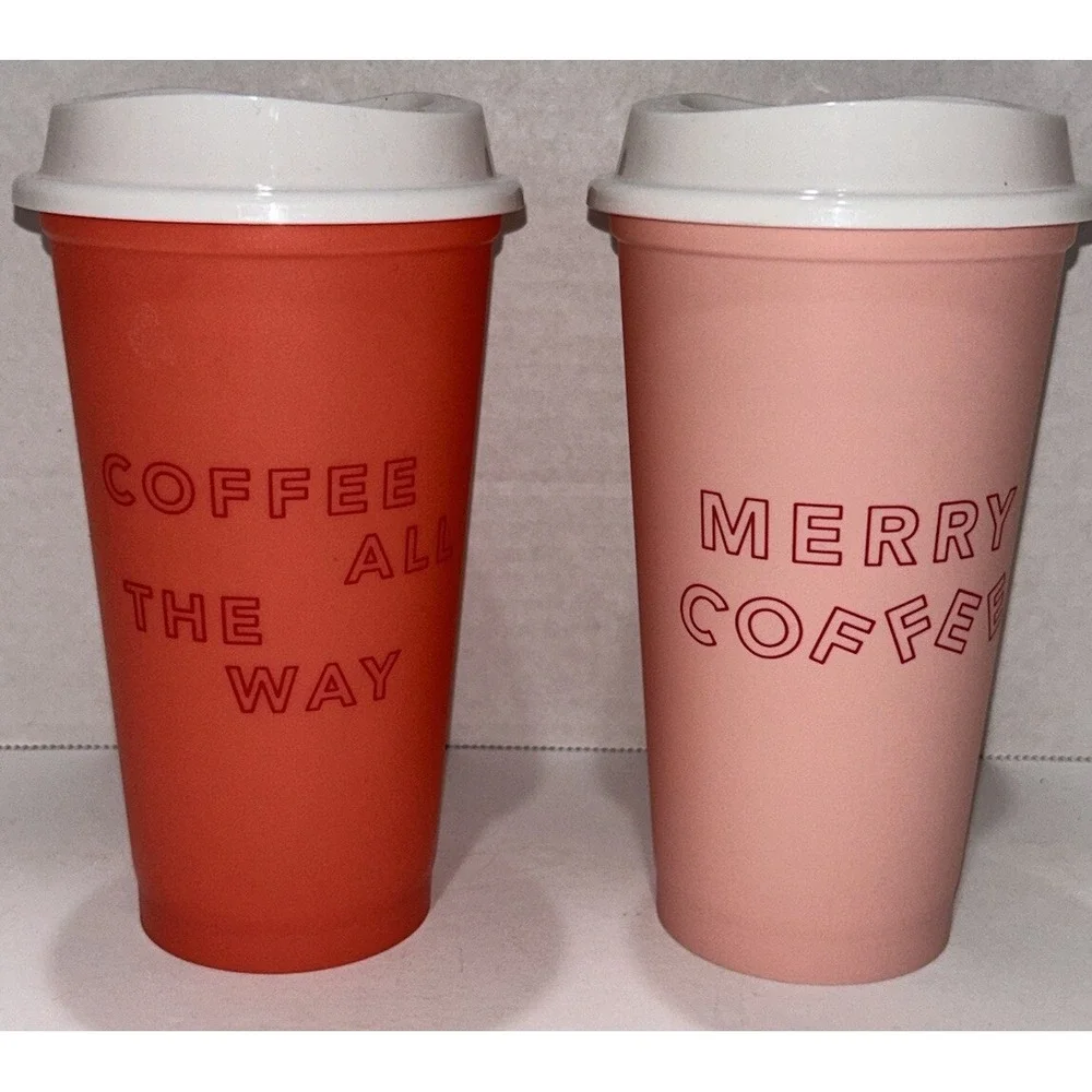 Starbucks Christmas Holiday Pink‎ Orange Hot Cold Plastic Coffee Cup 16 oz.